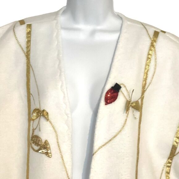 Hand Sewn Christmas Holiday Sequin Bead Ornament Gold Ribbon Fleece Jacket Top - Picture 4 of 16